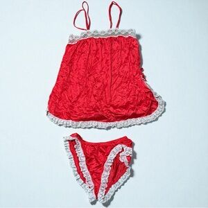 Vintage 1970s Jennifer Dale Red White Lace Nylon Pajama Set Size 13